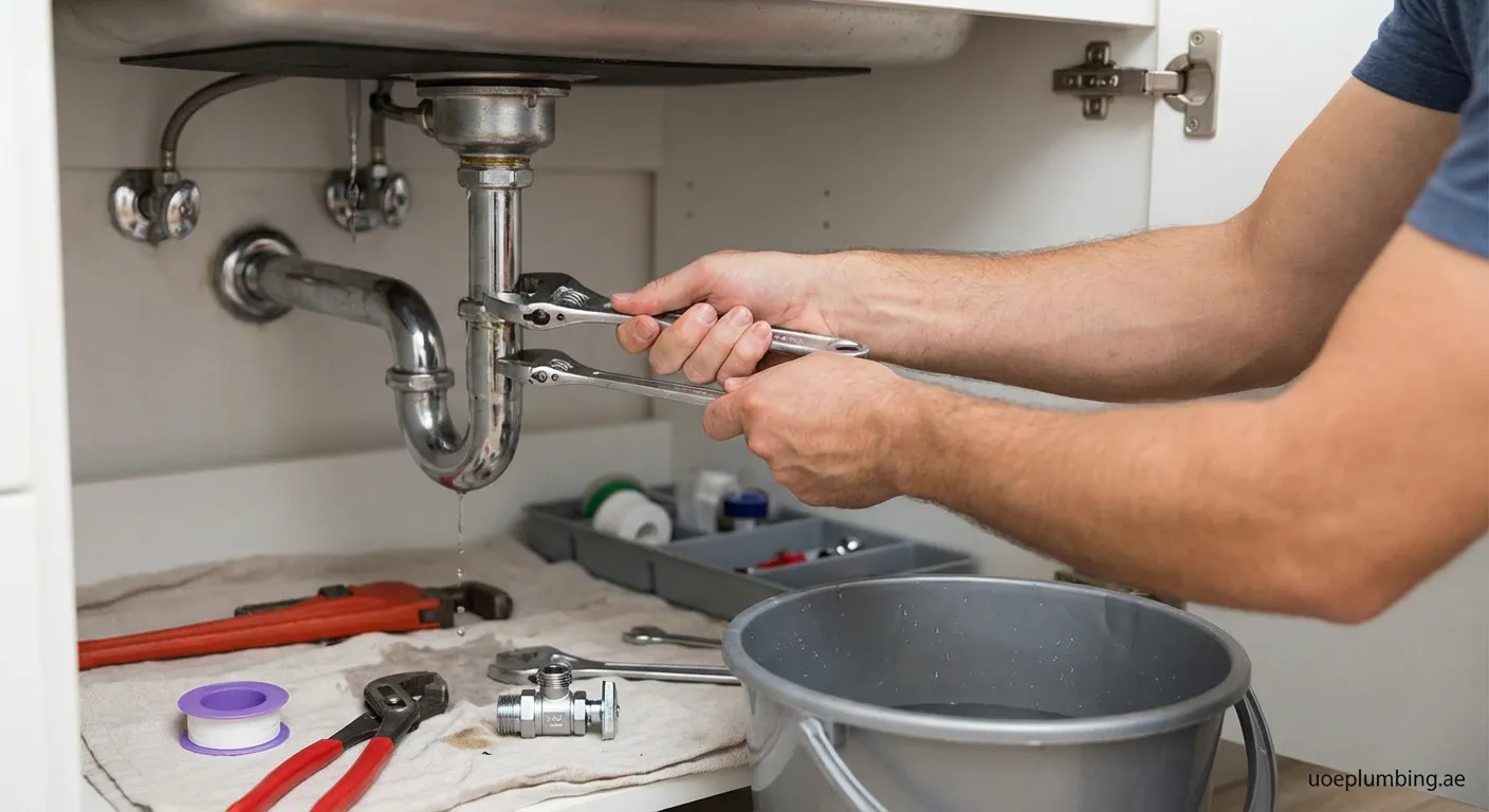 Leaking shut-off valve being repaired by plumber