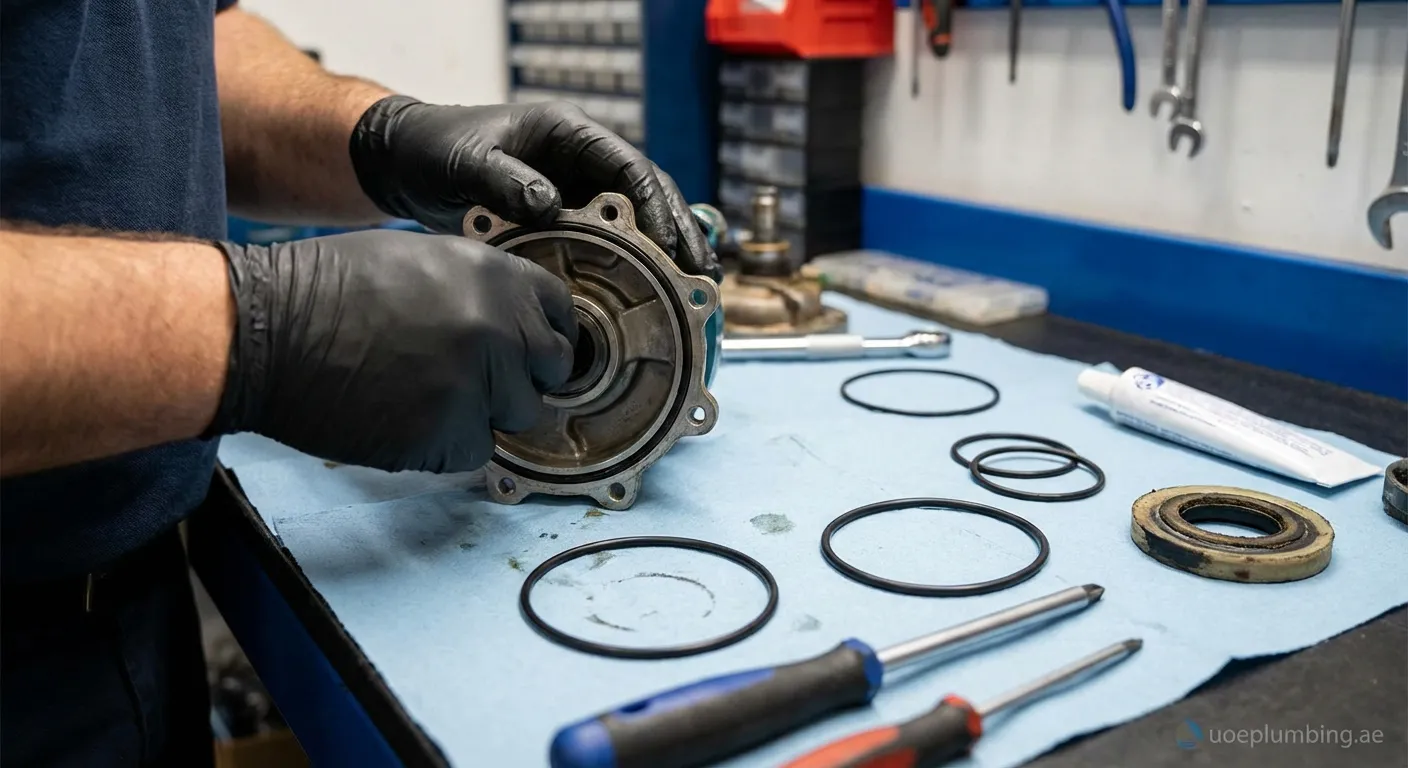 Mechanic removing a damaged buffer seal from a hydraulic cylinder