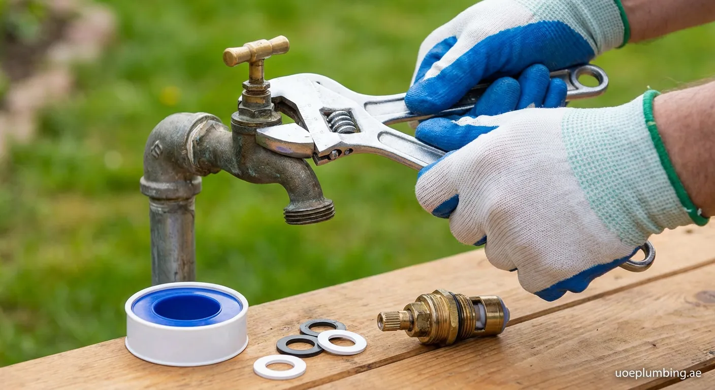 Person repairing a brass outdoor hose bib with a wrench