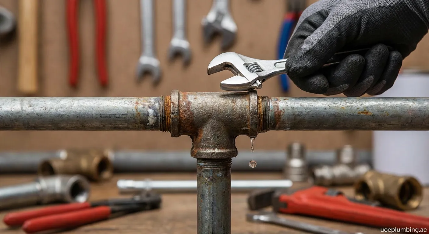 Plumber repairing a leaking street tee fitting with a wrench
