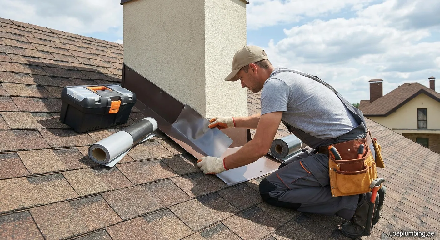 Worker installing a new metal roof flashing around a plumbing vent pipe