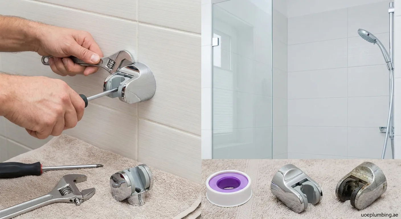 person replacing shower head holder in bathroom