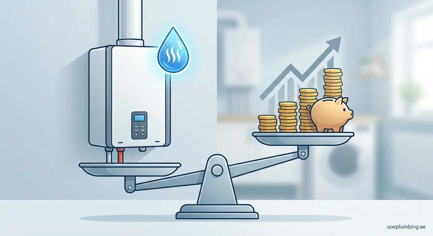 Modern tankless water heater installed on a utility room wall