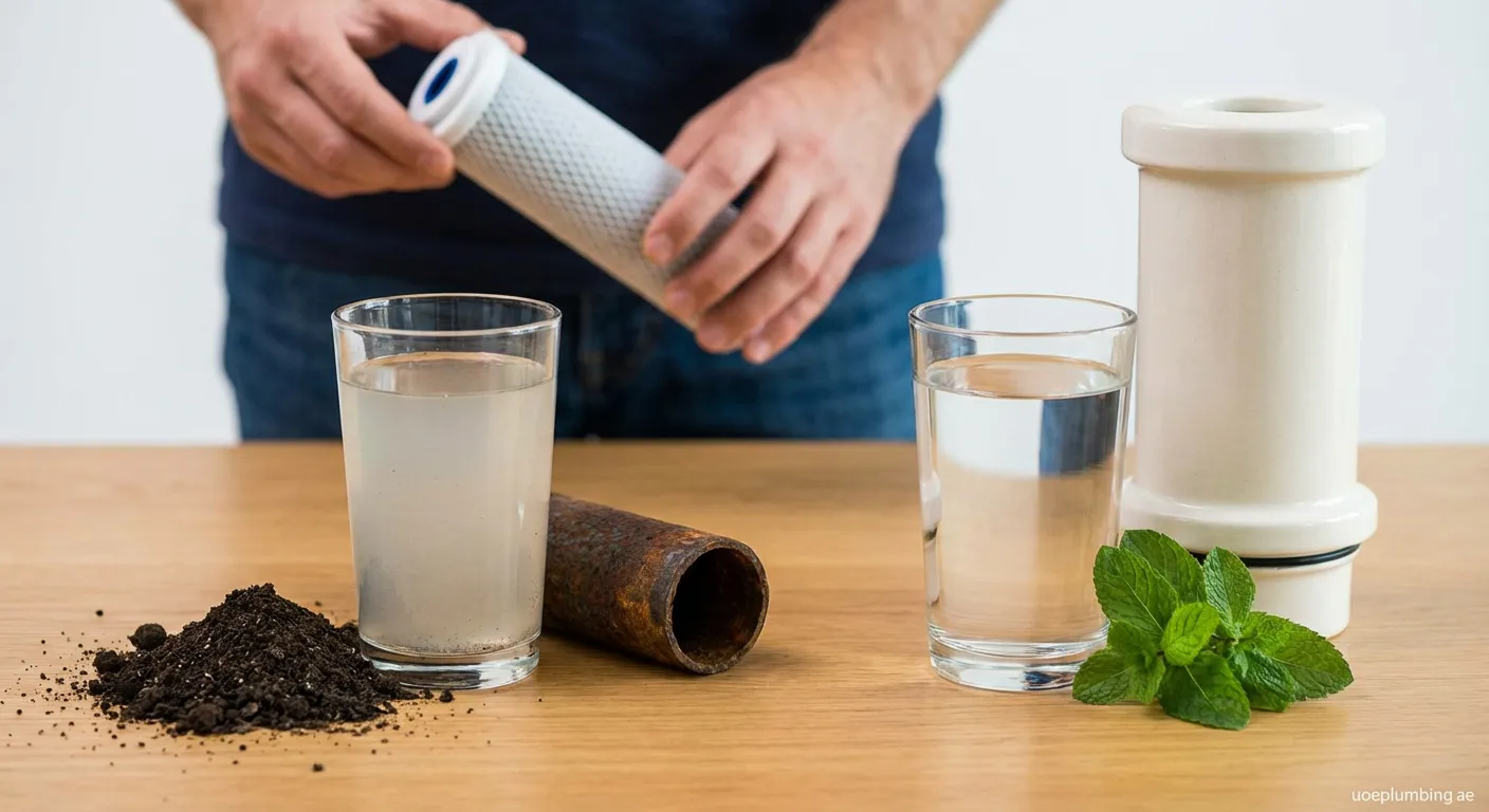 Glass of water with earthy taste problem illustration