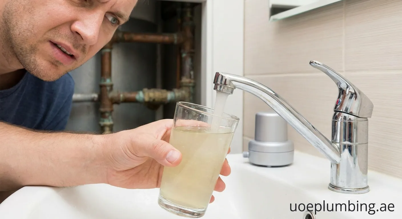 Faucet pouring water with a slight metallic tint illustrating why your water smells like metal